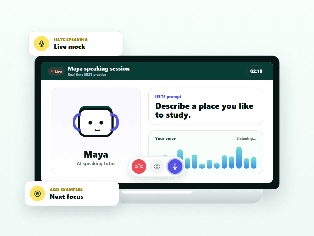 Maya AI tutor animation poster showing a live IELTS Speaking session and short correction chips